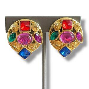 Vintage 1980s Gripoix Earrings Gold Jewel Tone Runway Mogul Cabochon Clip On